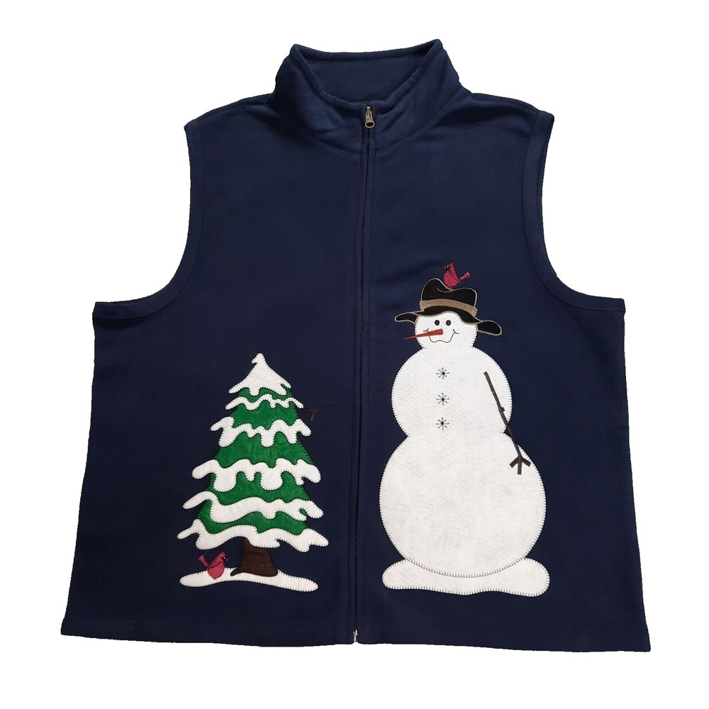 Rebecca Malone Christmas Fleece Vest Womens XL Snowman Cardinals Blue Full Zip - Picture 2 of 12